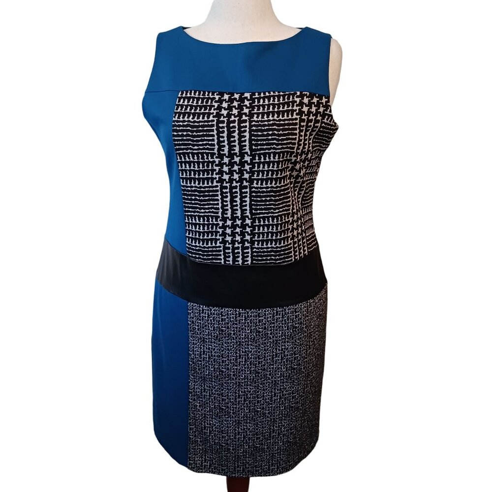 Lennie for Nina Leonard Black White & Blue‎ Leather Detail Sheath Dress L Office